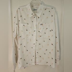 Columbia White Button-Down Shirt with Black & Yellow bird Motif